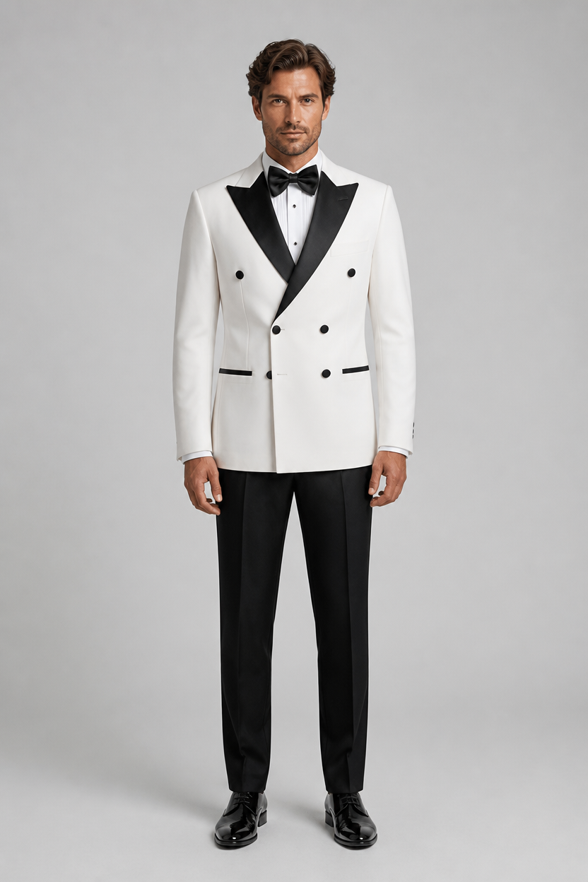Model wearing ivory double-breasted tuxedo jacket with black satin peak lapel and black trousers by Harrison E Milano Berlin