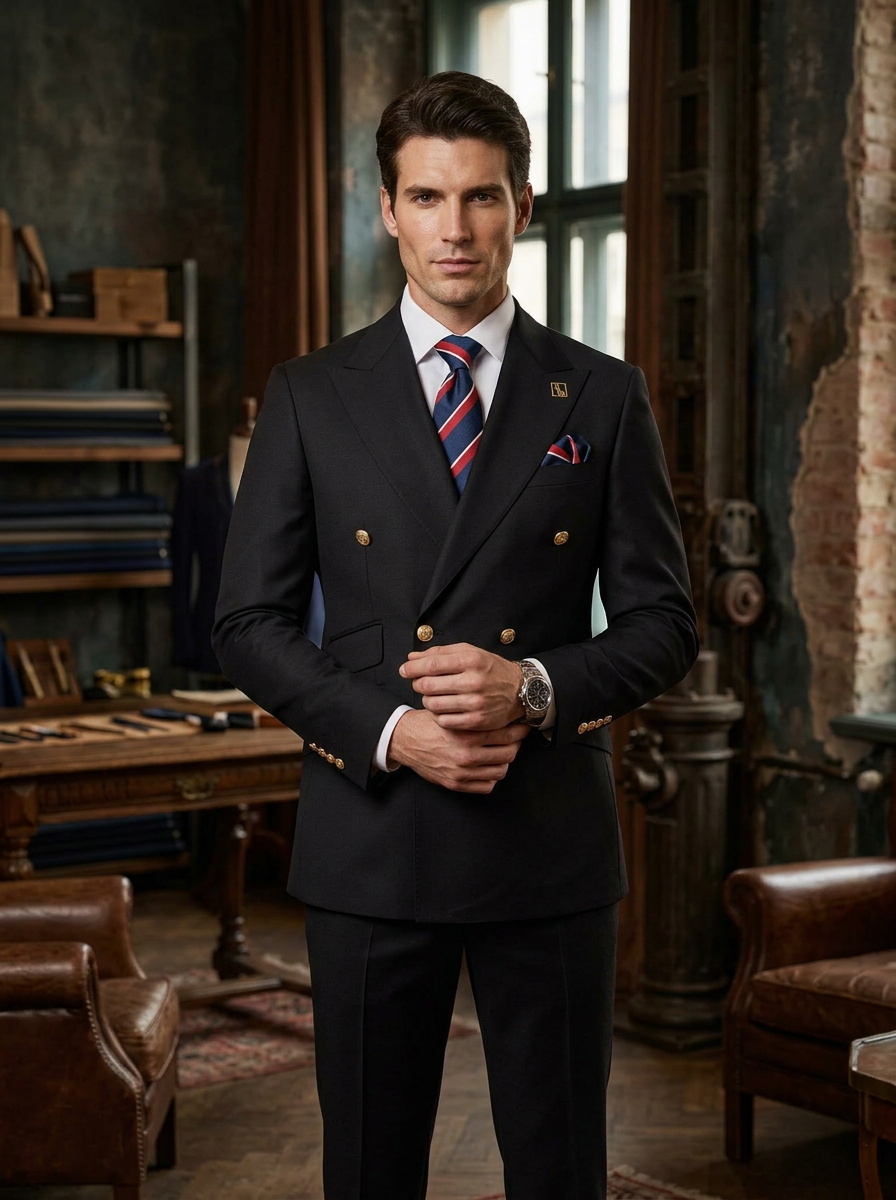 Tall Caucasian model wearing charcoal black double-breasted suit with gold buttons by Harrison E Milano Berlin