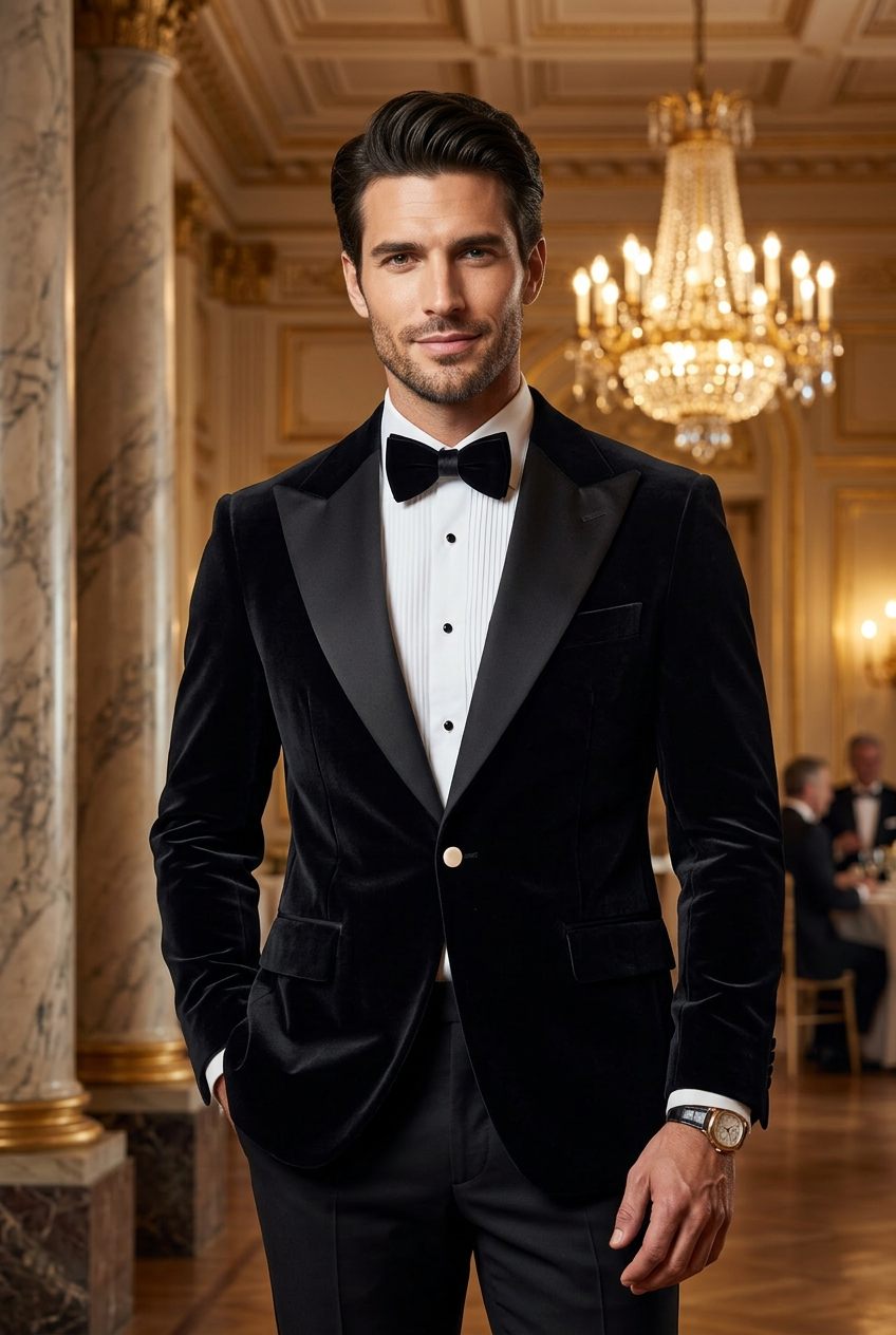Black velvet tuxedo jacket with black satin peak lapel and black velvet bow tie by Harrison E Milano Berlin