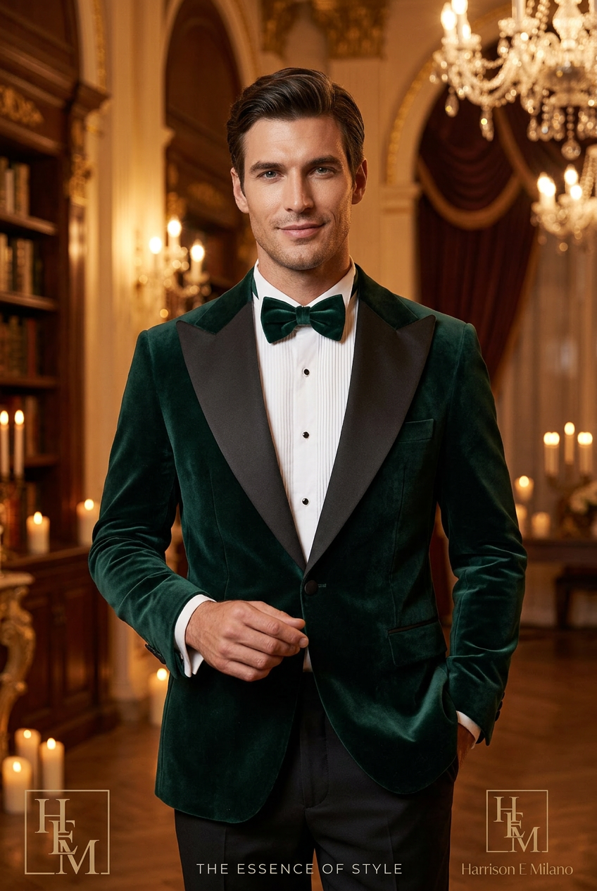 Forest green velvet tuxedo jacket with black satin peak lapel and matching green velvet bow tie by Harrison E Milano Berlin