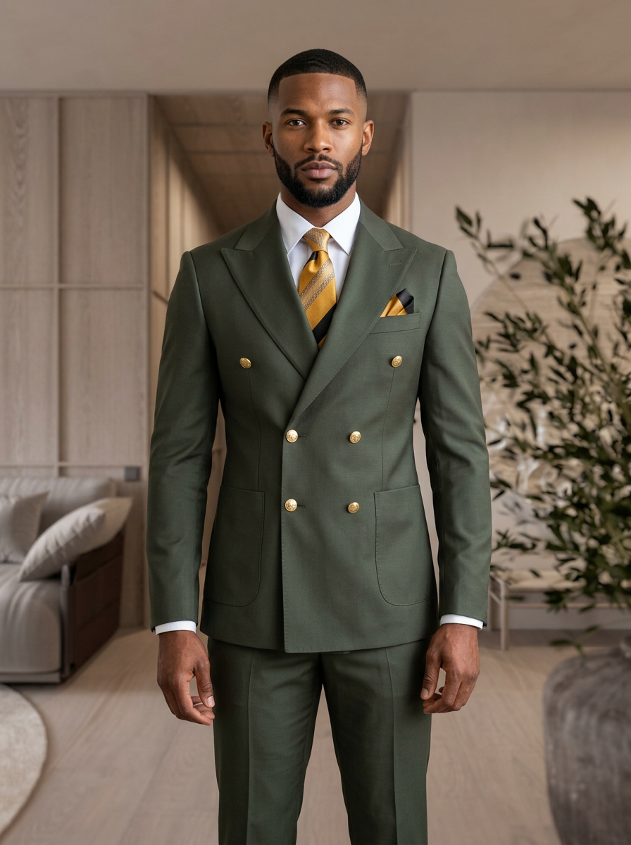 Tall light-skinned African American model wearing olive green double-breasted suit with gold buttons by Harrison E Milano Berlin