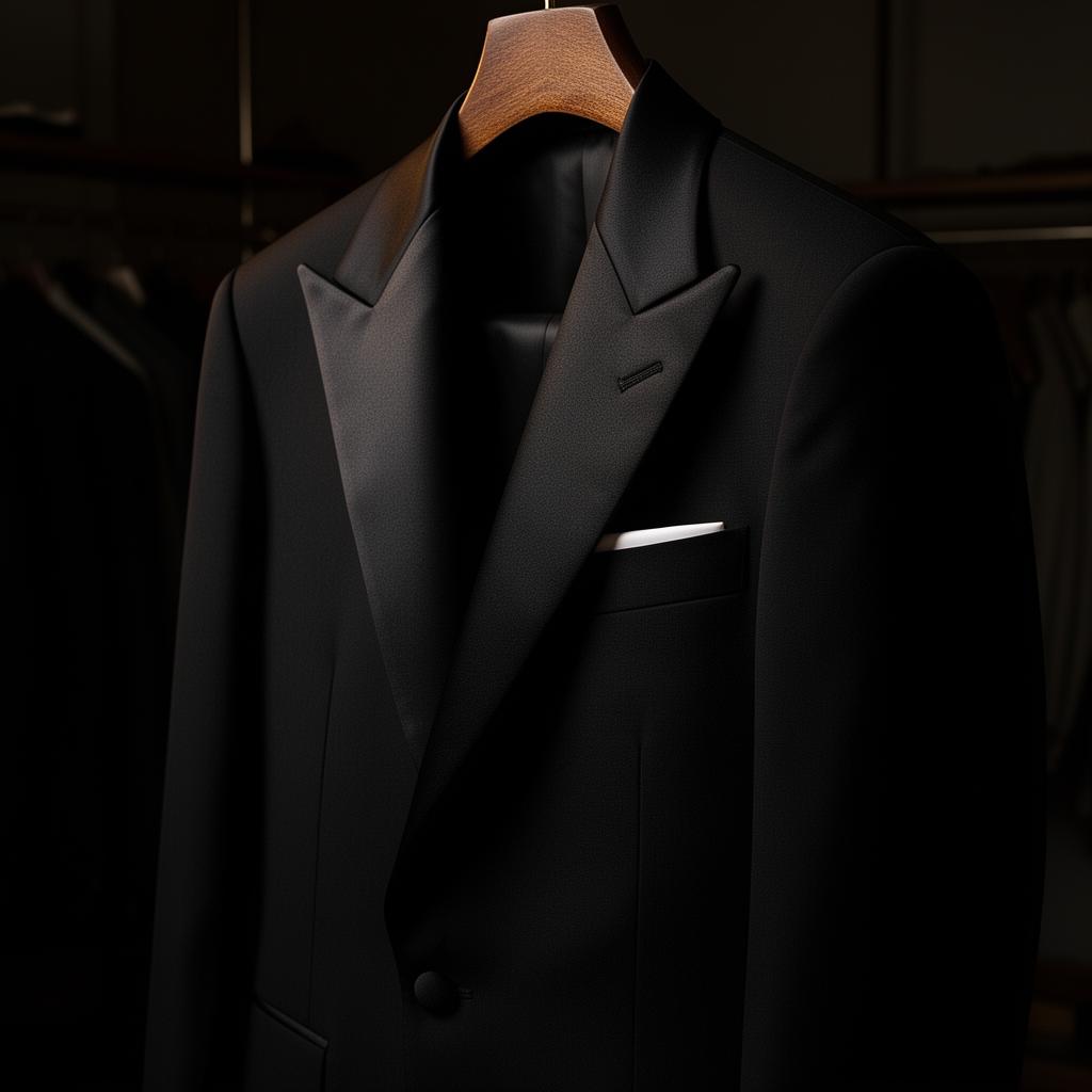 Black tuxedo with satin peak lapels for formal occasions